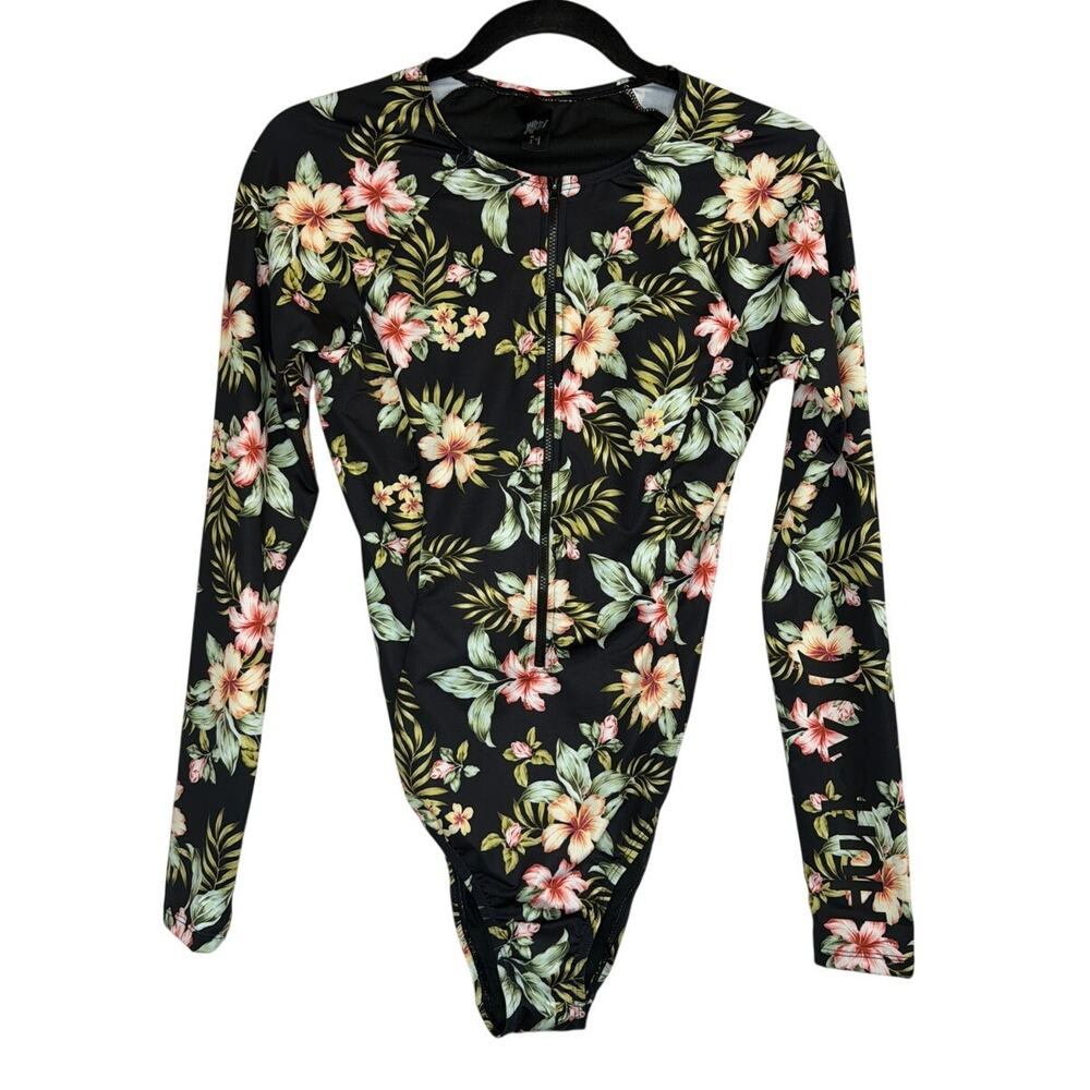 NWT Hurley Floral One Piece Surf Swimsuit Black Size Med Beach Vacation Swimwear